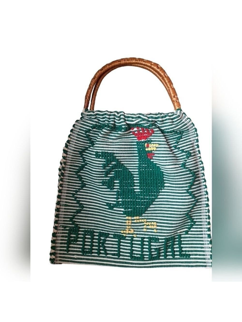 PORTUGAL knit woven EMBROIDERD ROOSTER bag  wrapped wood handles knitting CRAFTS - Picture 3 of 5